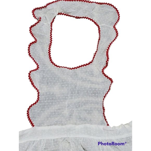 Bib Apron White Dotted Swiss Cotton Fabric Heart Pockets Red Ric Rac Vtg